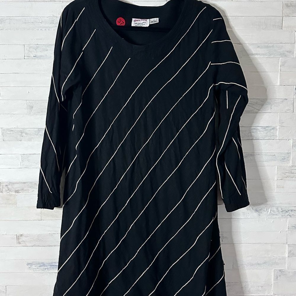 Dress Long Sleeve Black Tan Striped Simple People Size M